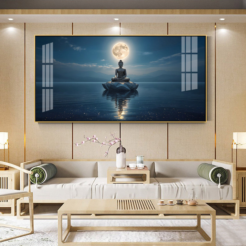 Buddha In Littoral land Glass Finish Horizontal Wall Art