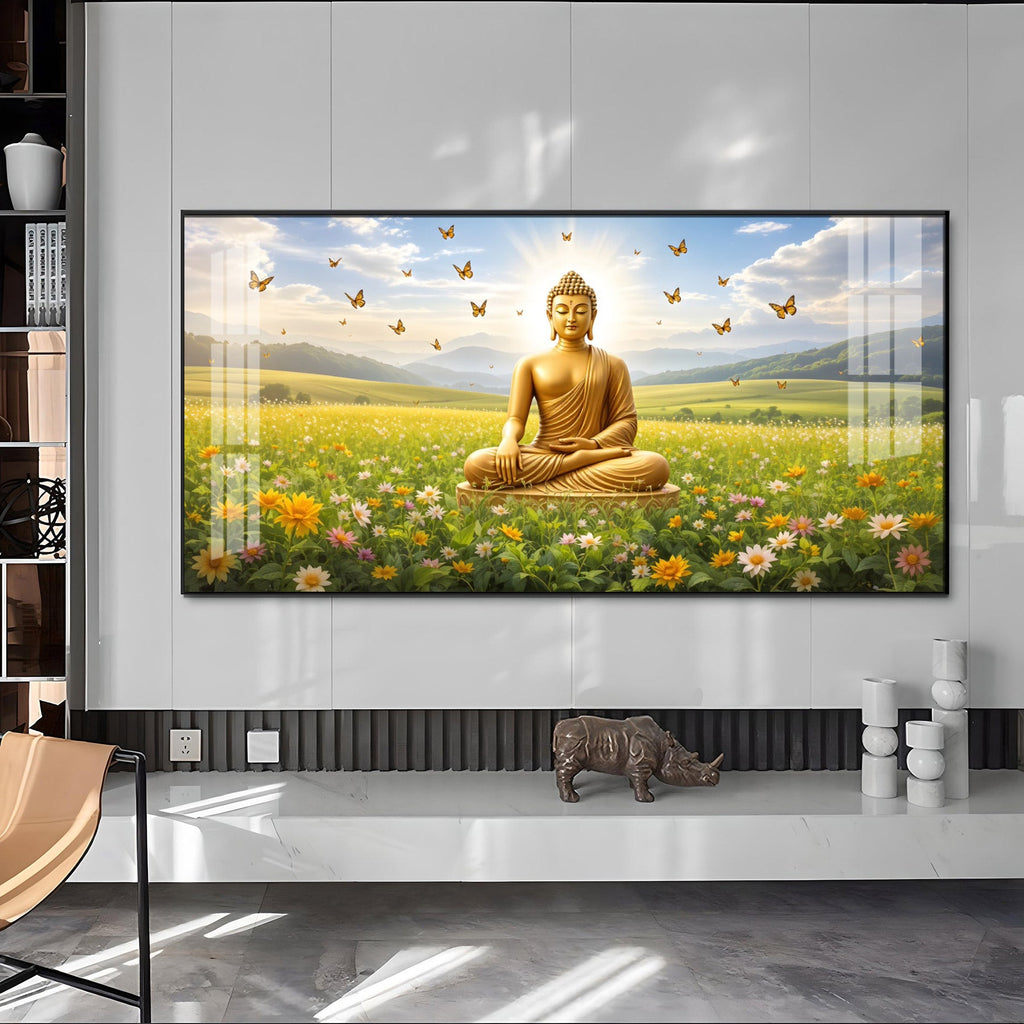 Buddha In Peaceful Nature Glass Finish Horizontal Wall Art