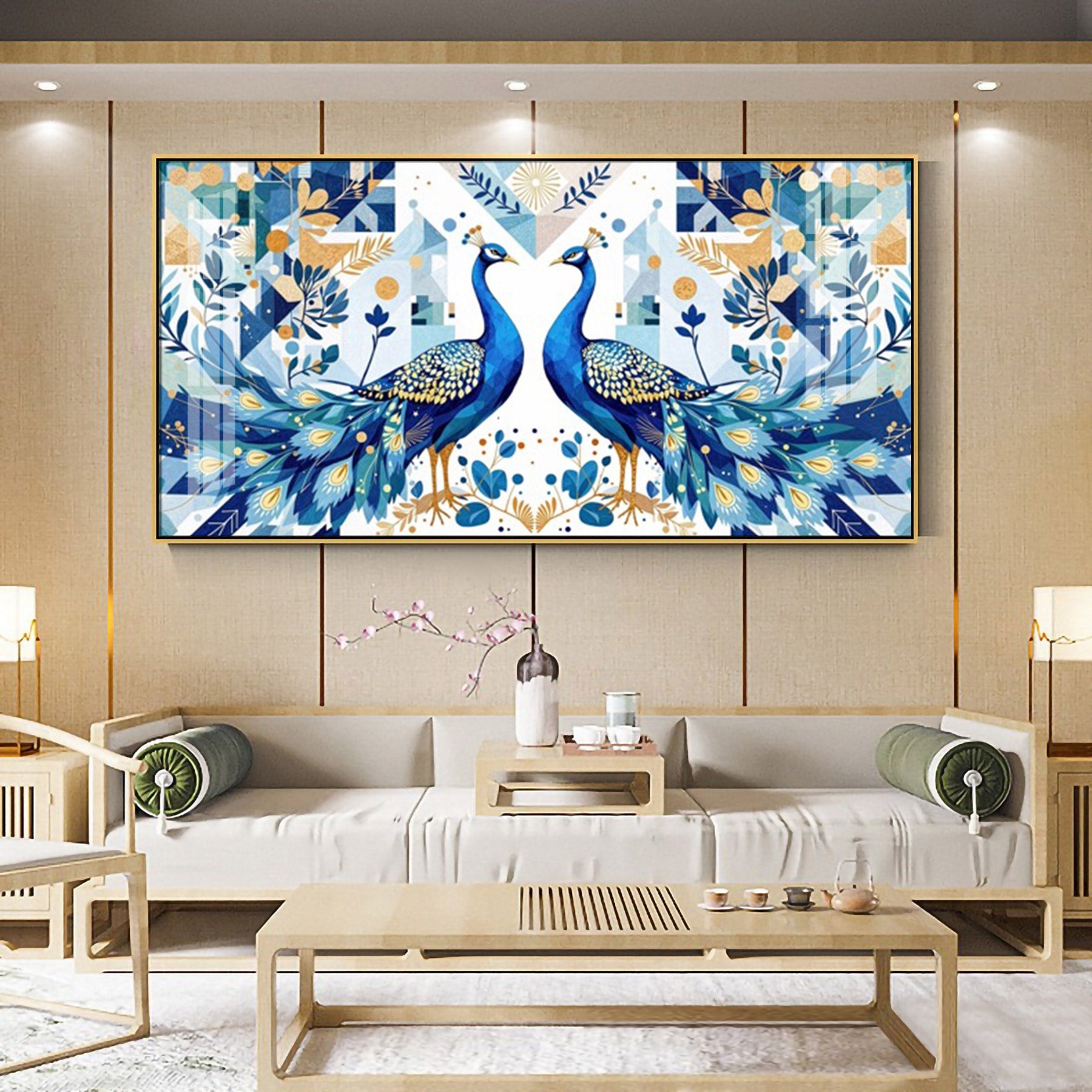Two Peacock Looking Each Other Glass Finish Horizontal Wall Art
