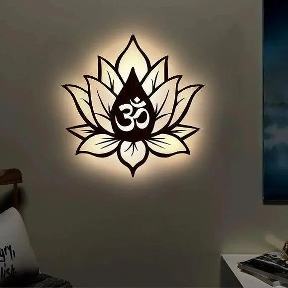 Wooden Finish Om Lotus backlit Wall Decor with light - Decor Mantra 
