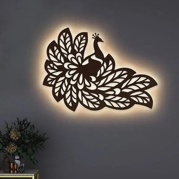 Beautiful Peacock Wings Designer Art Backlit Wooden Wall Decor with LED Night - Decor Mantra 