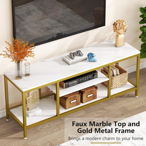 5-Tier Rectangle White Marble Gold Entryway Console Table - Decor Mantra 