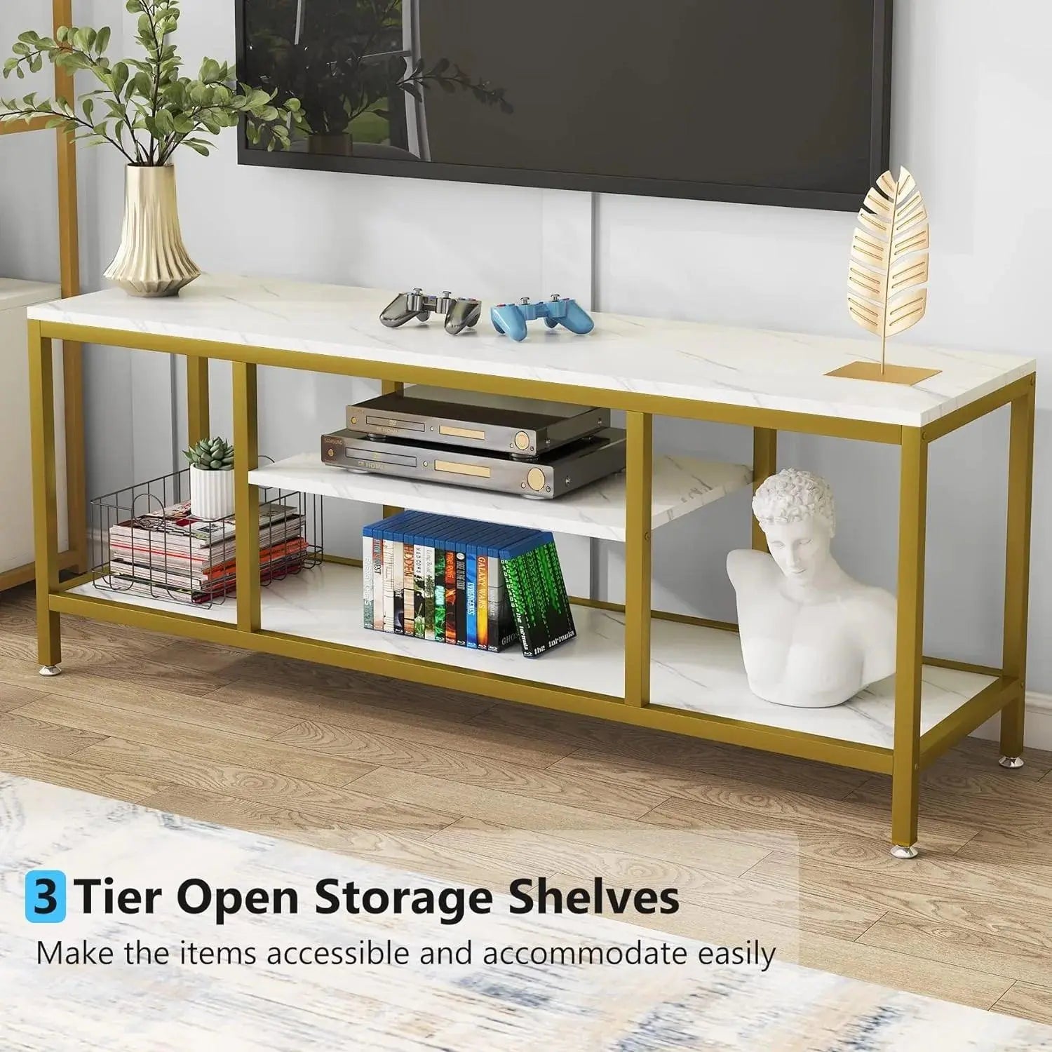 5-Tier Rectangle White Marble Gold Entryway Console Table - Decor Mantra 