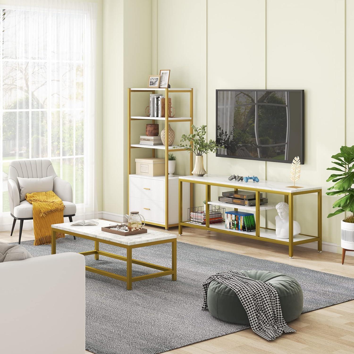 5-Tier Rectangle White Marble Gold Entryway Console Table - Decor Mantra 