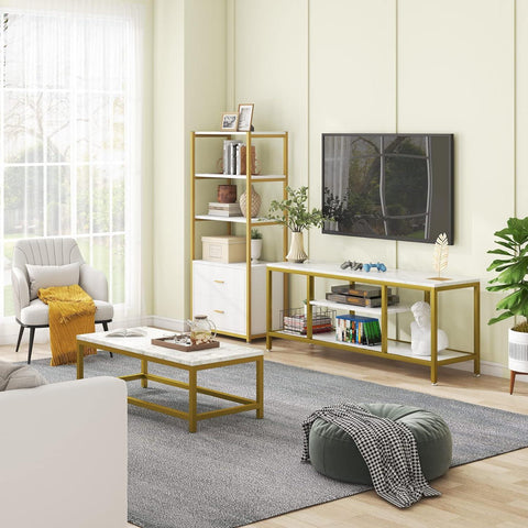 5-Tier Rectangle White Marble Gold Entryway Console Table - Decor Mantra 