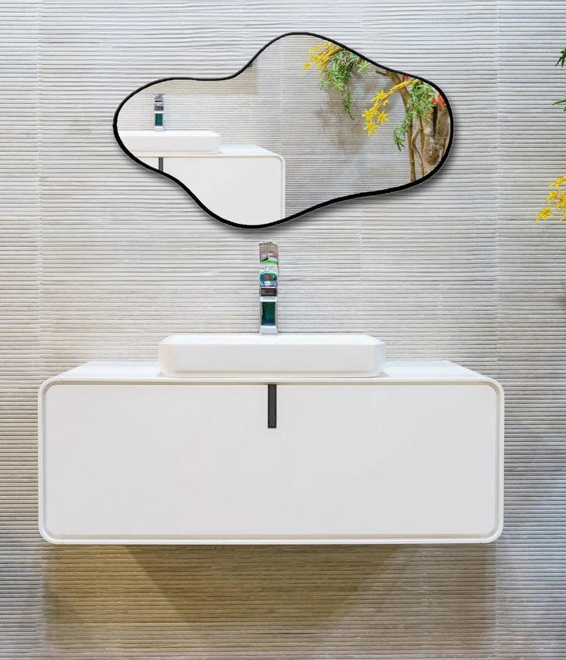 Asymmetrical Irregular Bathroom Decor Mirror with White Wooden Finish - Decor Mantra 
