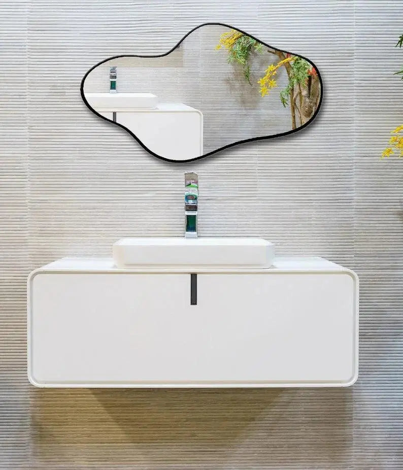 Asymmetrical Irregular Bathroom Decor Mirror with White Wooden Finish - Decor Mantra 