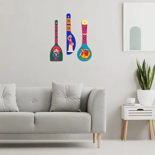 Rural Art Wooden Wall Hanger Spoons for Home | Office | Living Room | Gift | Modern Decoration Items | Kitchen Wall Decor | Home Decor Hanging Items (WH_5017N), Set of 3 - Decor Mantra 