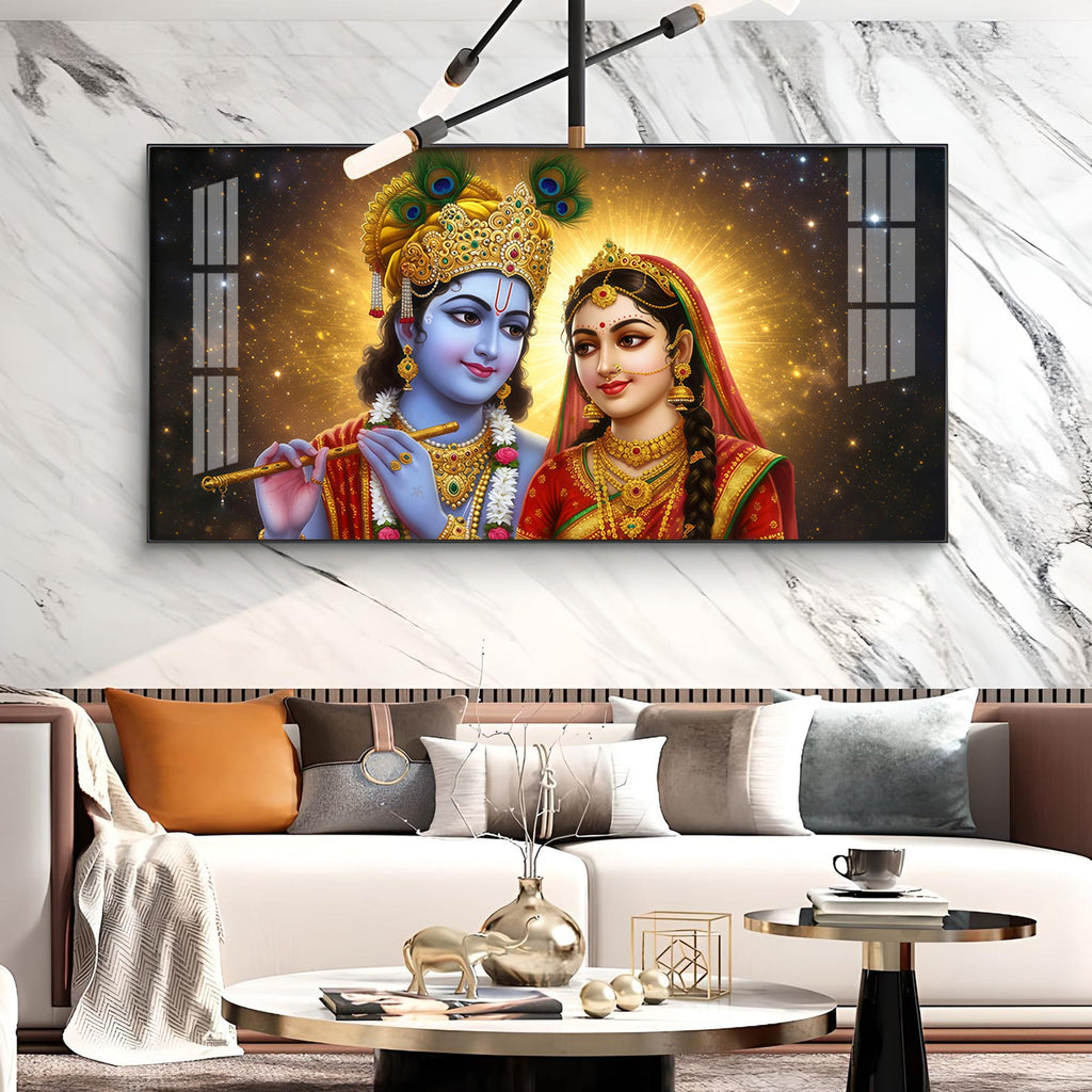 Sri Radhe Krishna Loving CHCm Glass Finish Horizontal Wall Art