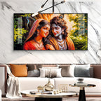 Loving Couple Radha and Krishna Glass Finish Horizontal Wall Art