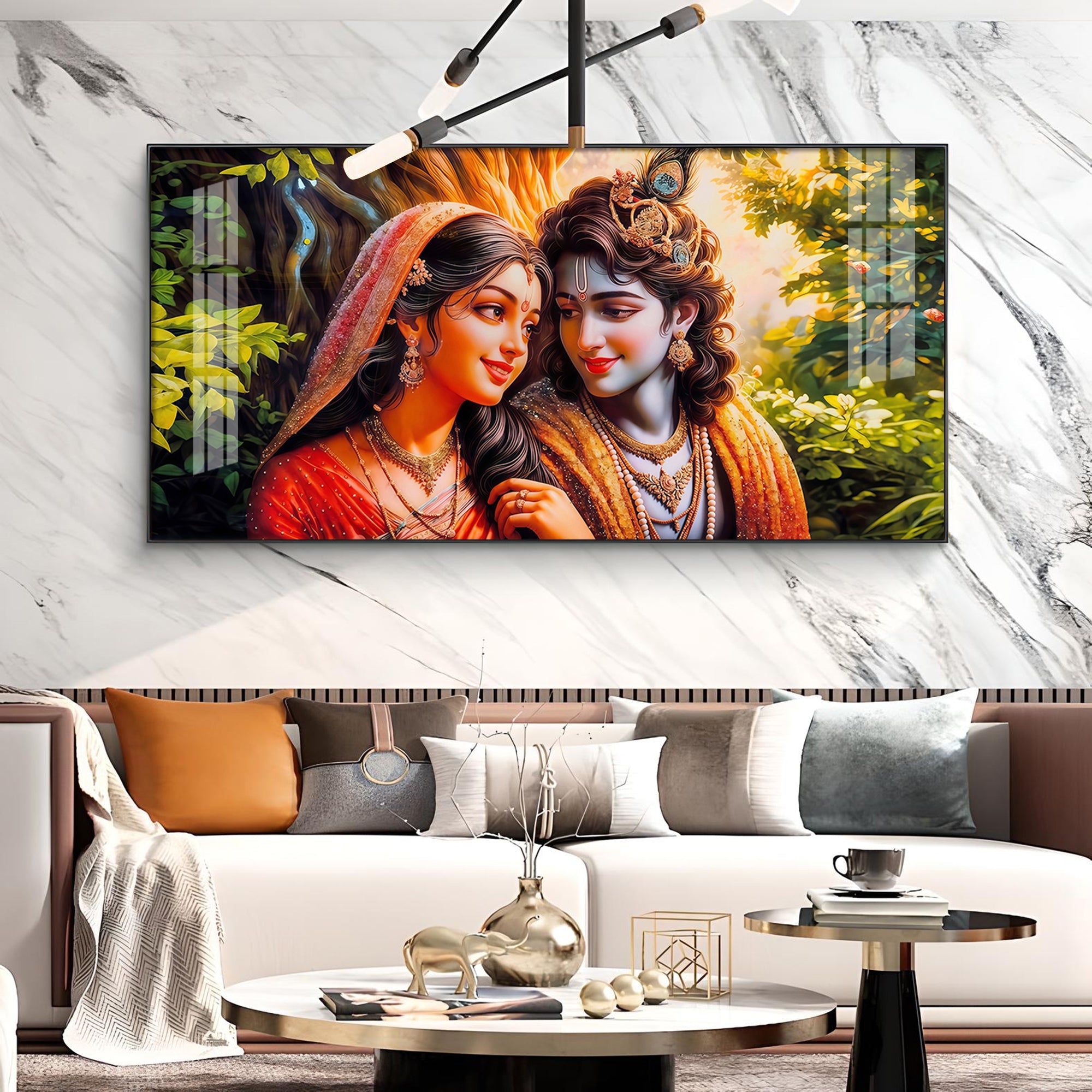 Loving Couple Radha and Krishna Glass Finish Horizontal Wall Art