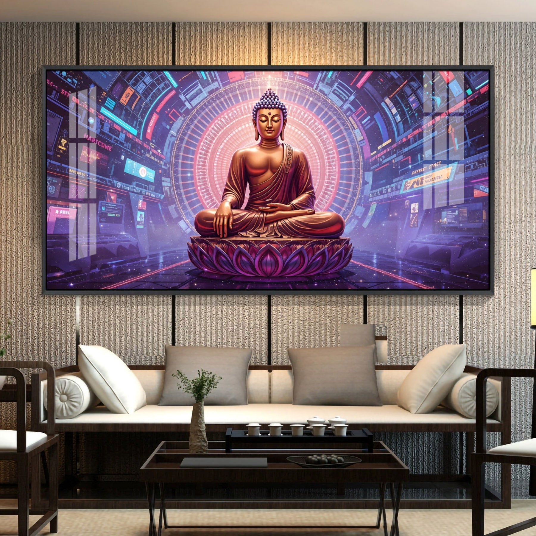 Abstract HCmony Of Buddha Glass Finish Horizontal Wall Art
