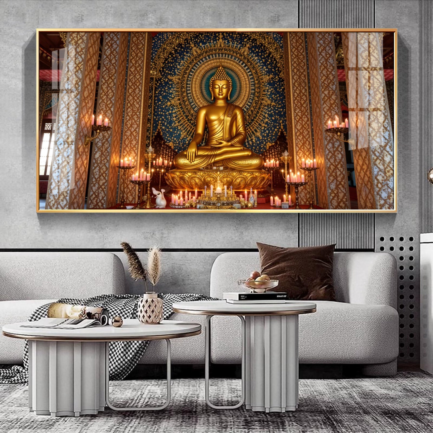 Buddha In Golden Incarnation Glass Finish Horizontal Wall Art