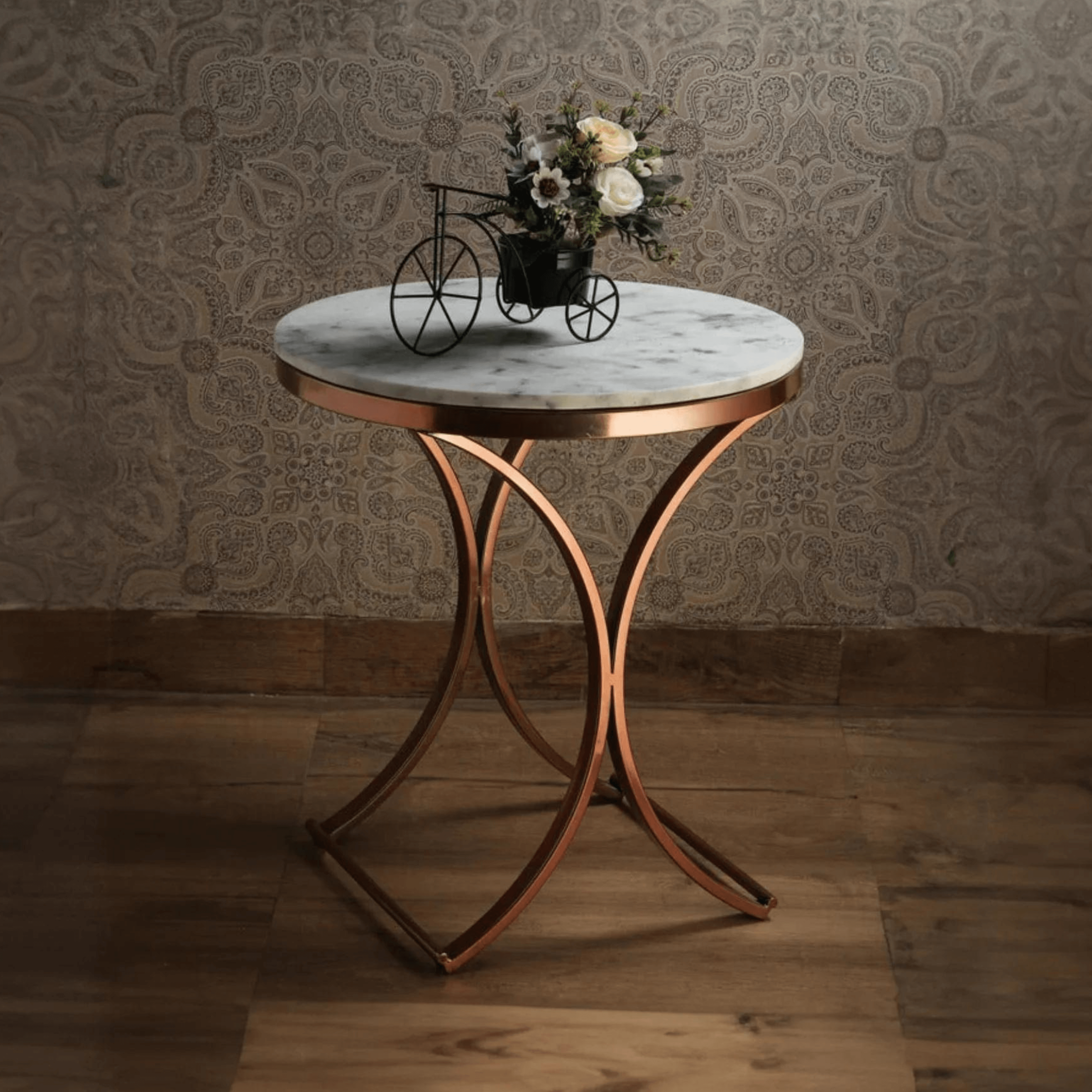 Premium Copper Metal Finish Coffee Side Table with Marble Top - Decor Mantra 