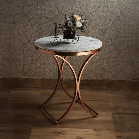 Premium Copper Metal Finish Coffee Side Table with Marble Top - Decor Mantra 