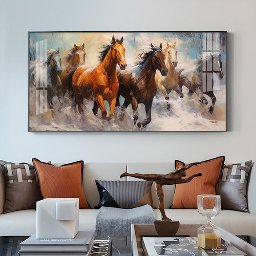 Jungle Running Horses Vastu Glass Finish Horizontal Wall Art