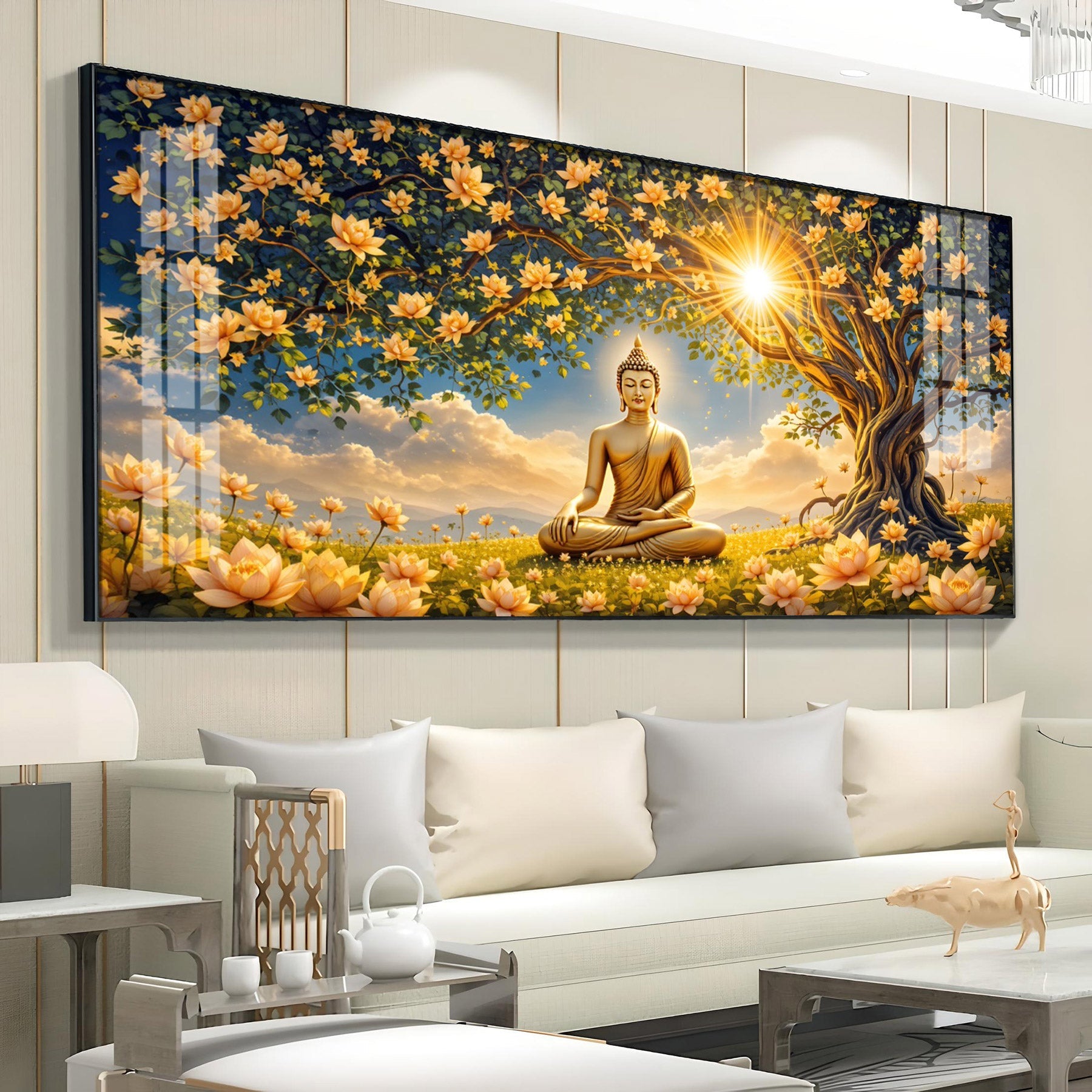 Buddha In Autum Nature Glass Finish Horizontal Wall Art