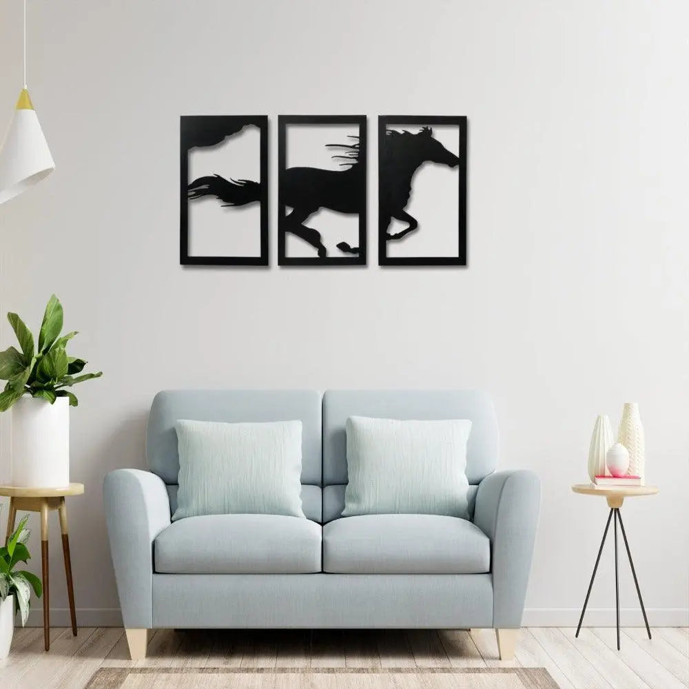 Running Horse MDF 3 Panel Hanging Wall Art - Decor Mantra 