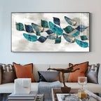 Turquoise Greay Leaves Glass Finish Horizontal Wall Art