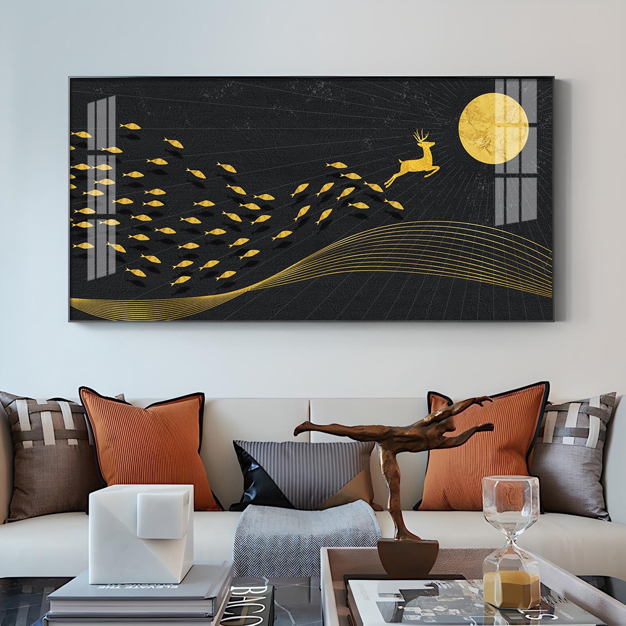 Fish Deer And Moon Glass Finish Horizontal Wall Art