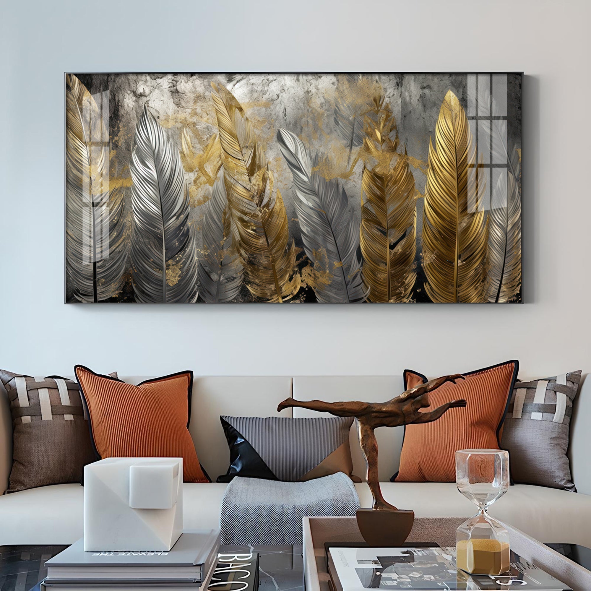 Golden And Silver Feather Glass Finish Horizontal Wall Art