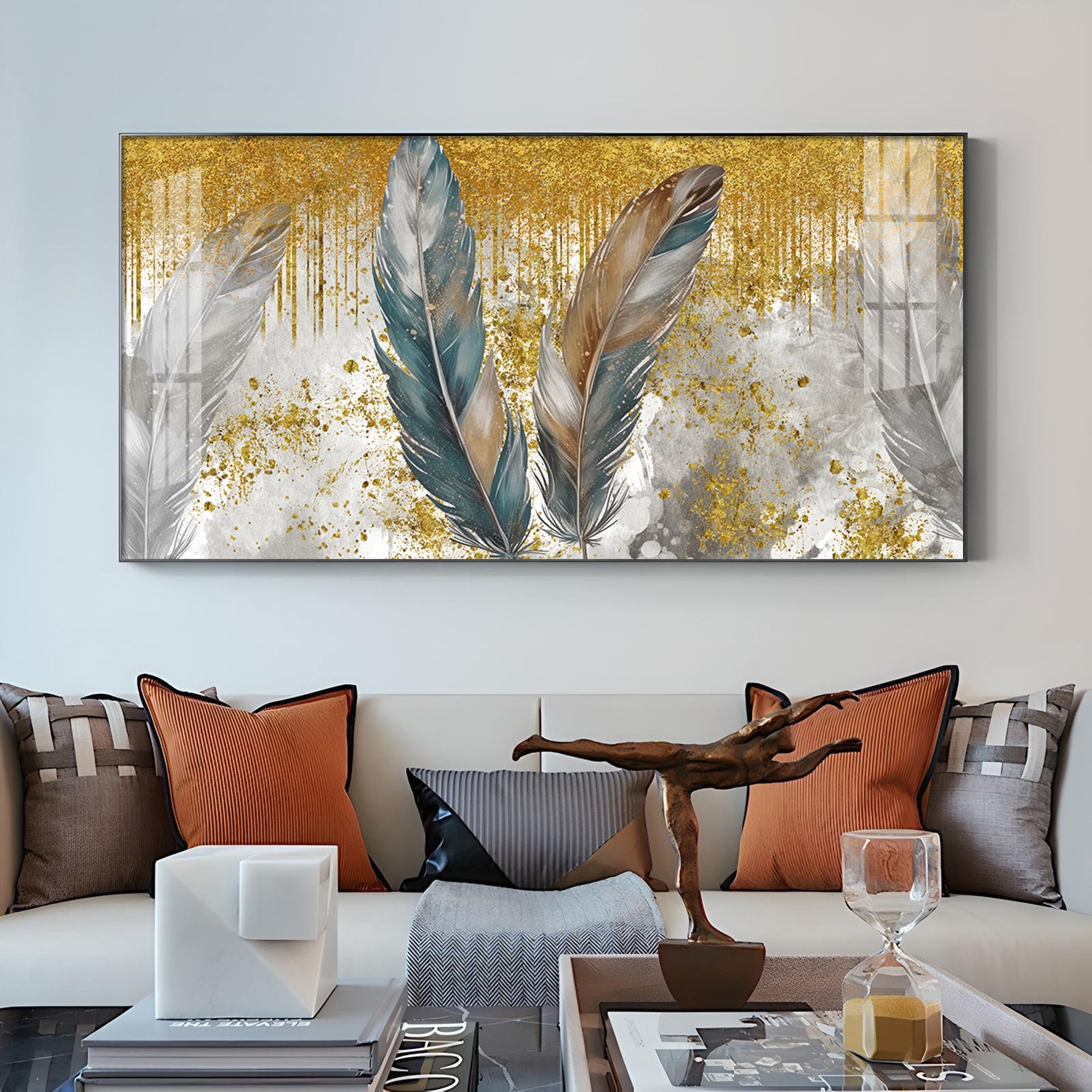 Feather HCmony Glass Finish Horizontal Wall Art