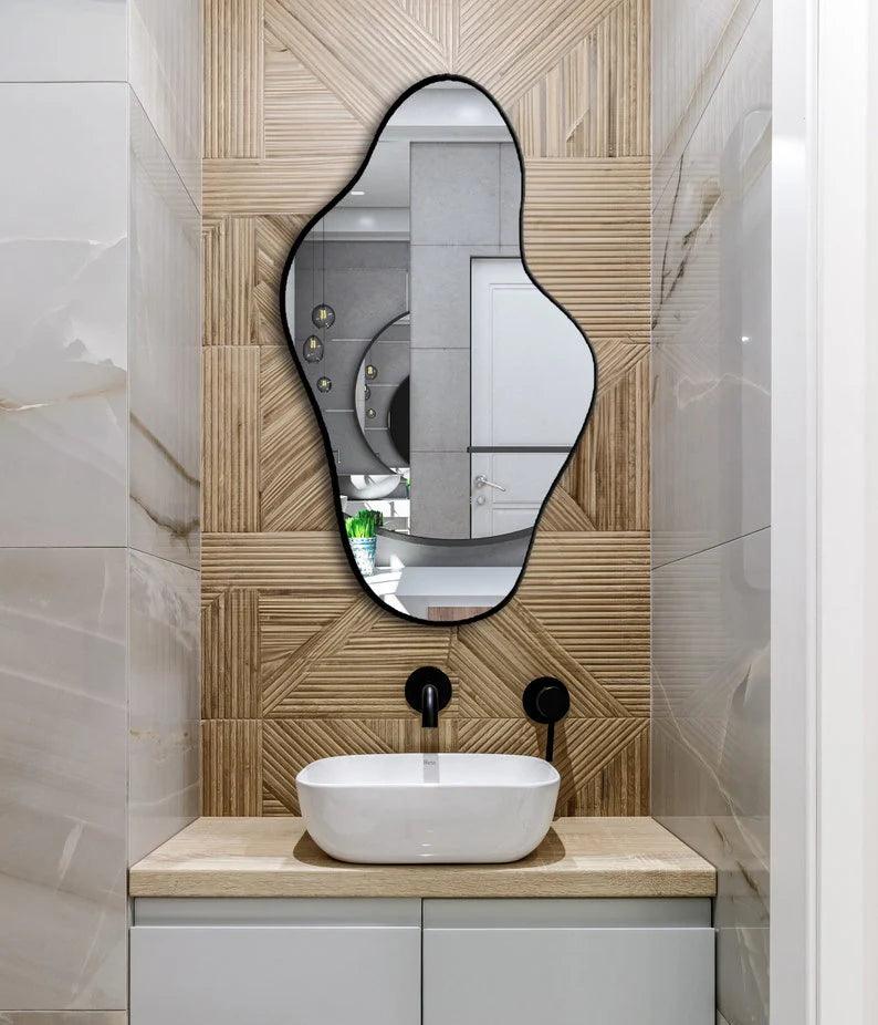 Asymmetrical Irregular Bathroom Decor Mirror with White Wooden Finish - Decor Mantra 