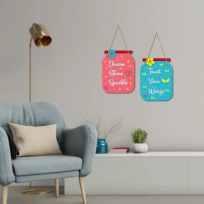 Dream Shine Sparkle Quote Decorative Art MDF Wooden Hanger for Living Room | Bedroom | Office | Gift | Wall Hanging For Home Decoration | Home Decor Items (WH_6804N), Set of 2 - Decor Mantra 