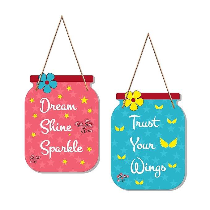 Dream Shine Sparkle Quote Decorative Art MDF Wooden Hanger for Living Room | Bedroom | Office | Gift | Wall Hanging For Home Decoration | Home Decor Items (WH_6804N), Set of 2 - Decor Mantra 