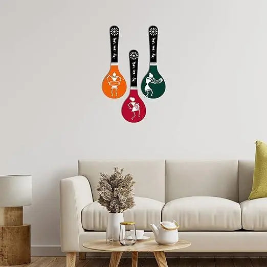 Warli Art Wooden Wall Hanger For Home | Office | Living Room | Gift | Modern Decoration Items | Kitchen Wall Decor | Home Decor Hanging Items (Wh 5007N), Set Of 3-33.02 Cm - Decor Mantra 