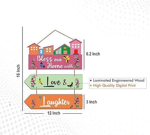 Bless Our Home Quote Decorative Wall Art MDF Wooden Wall Hanger for Living Room | Bedroom | Decor Items | Gifts | Wood Decoration Items | Artworks Wall Hangings (WH_5809N), Set of 3 - Decor Mantra 