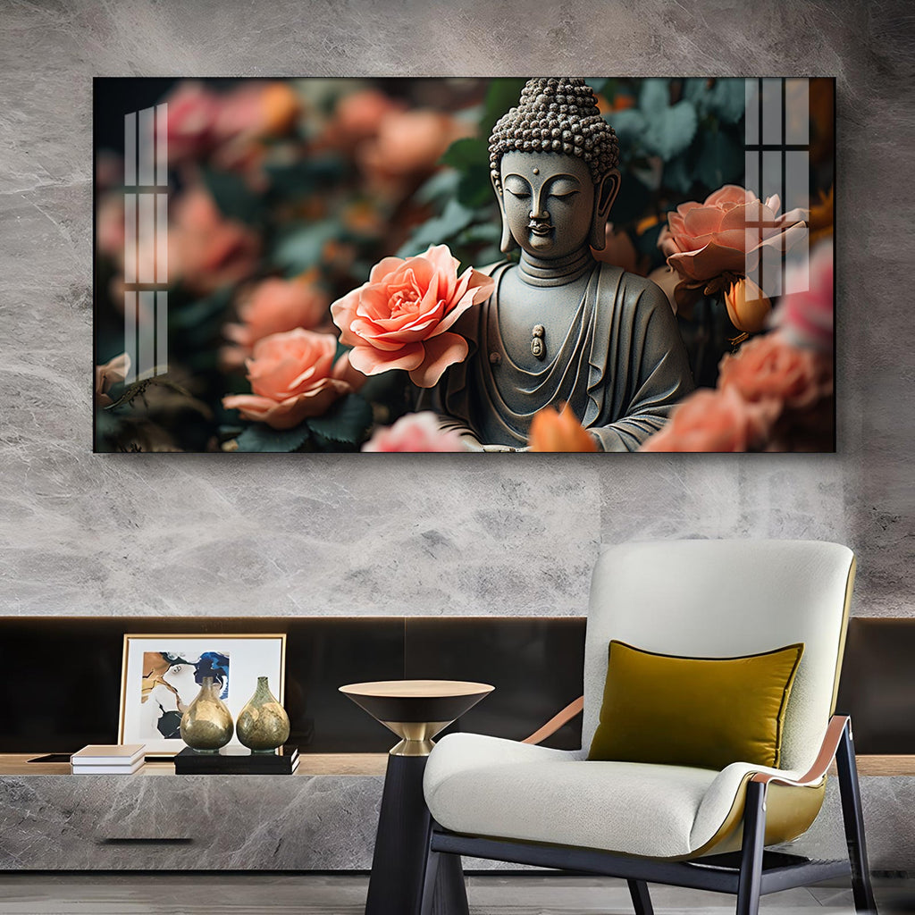 Calm Buddha With Flower Glass Finish Horizontal Wall Art