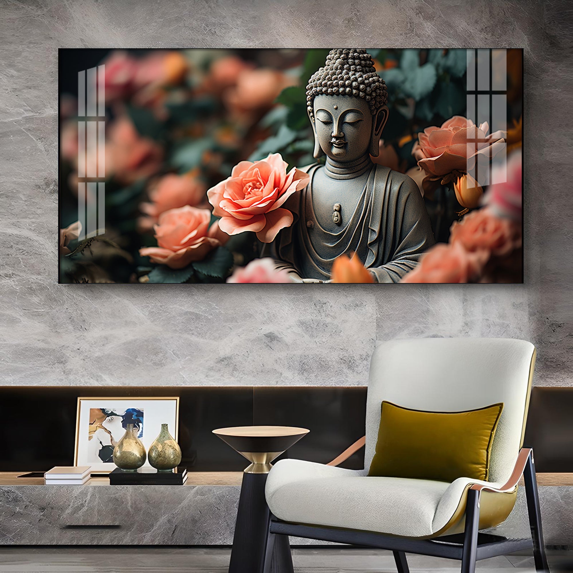 Calm Buddha With Flower Glass Finish Horizontal Wall Art
