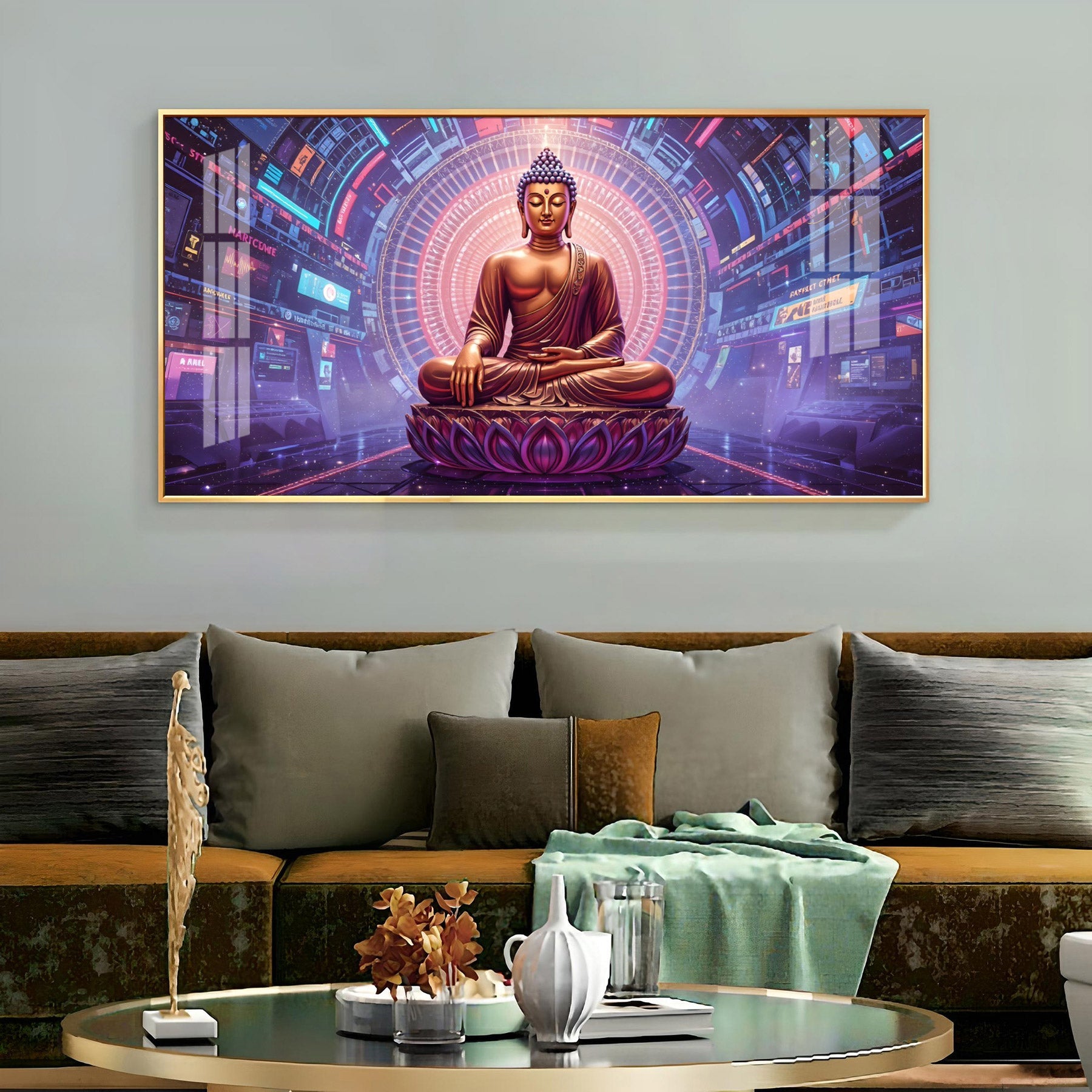 Abstract HCmony Of Buddha Glass Finish Horizontal Wall Art