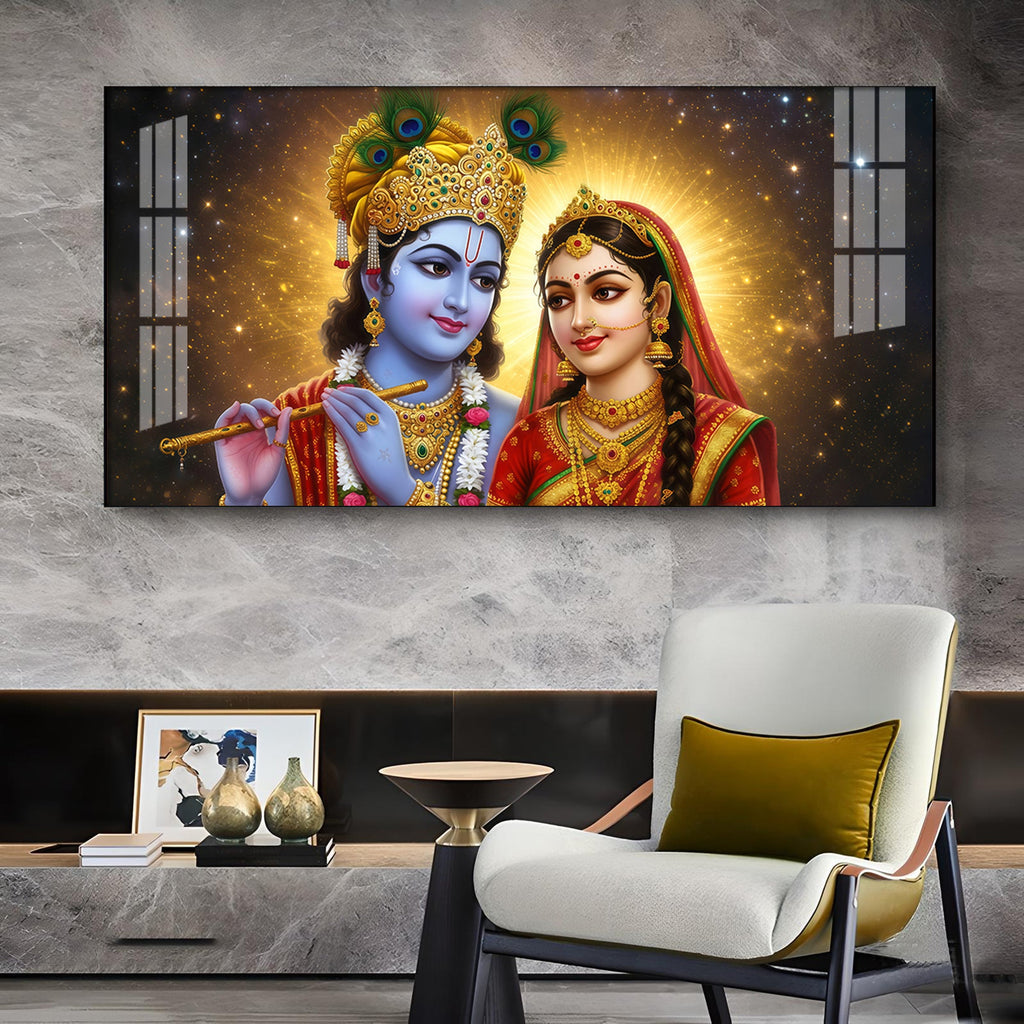 Sri Radhe Krishna Loving CHCm Glass Finish Horizontal Wall Art