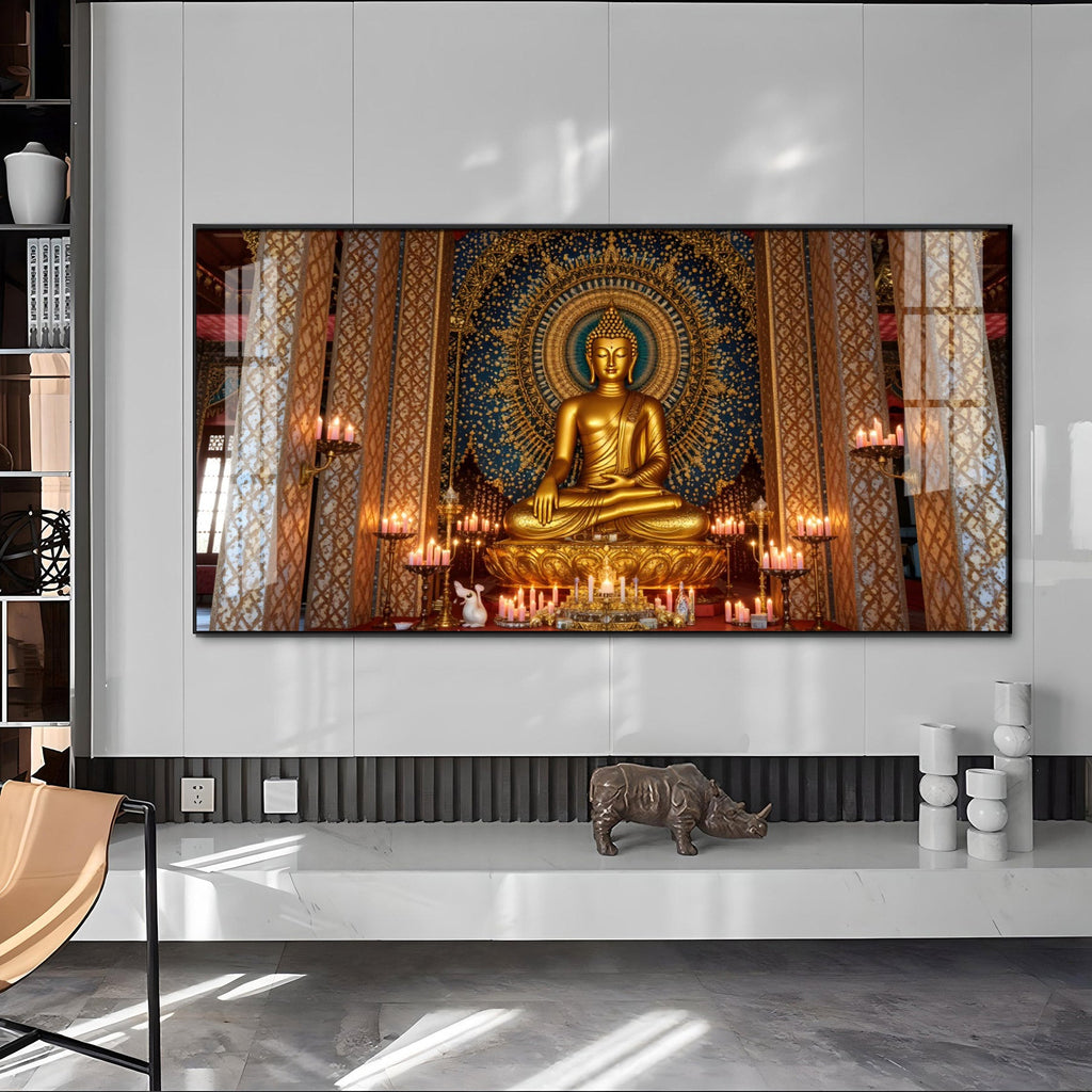 Buddha In Golden Incarnation Glass Finish Horizontal Wall Art
