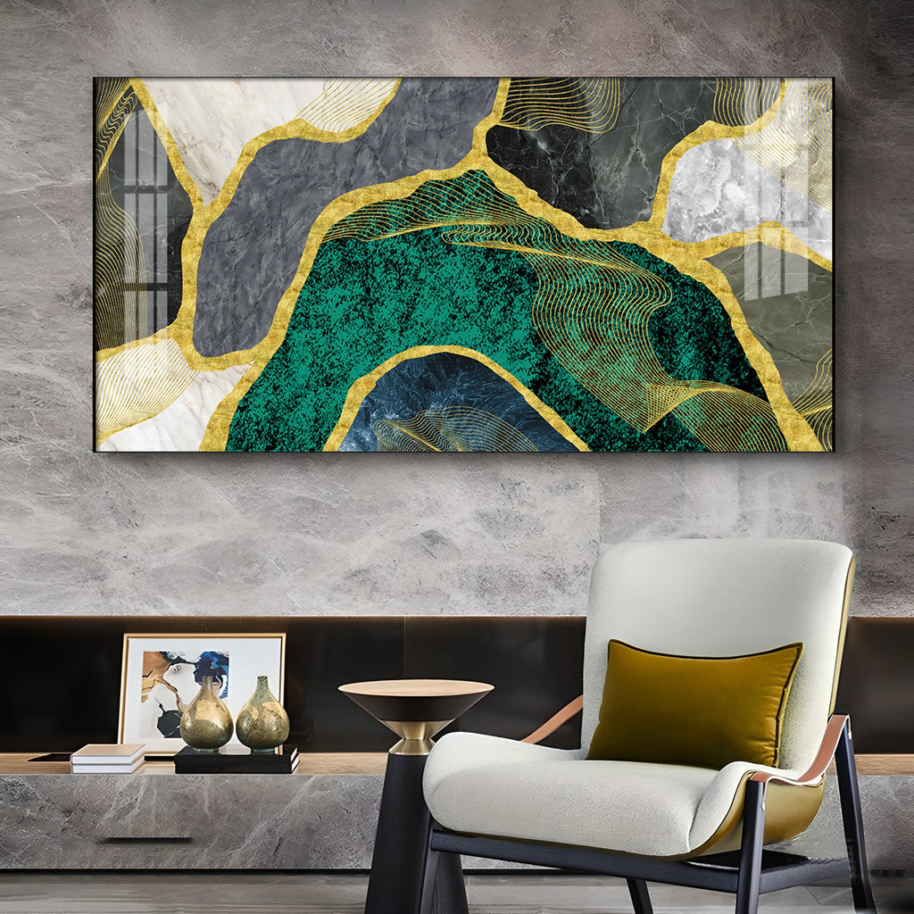 Golden Blue Torquiose Glass Finish Horizontal Wall Art