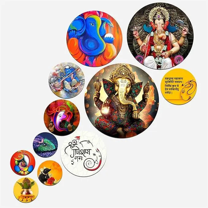 Ganesh Wooden Wall Hanging Decoration Item for Home Decor | Office | Gift | Wood Wall Decor for Living Room | Bedroom | Modern House Decorative Items (WPS_125N), Pack of 11 Pieces - Decor Mantra 