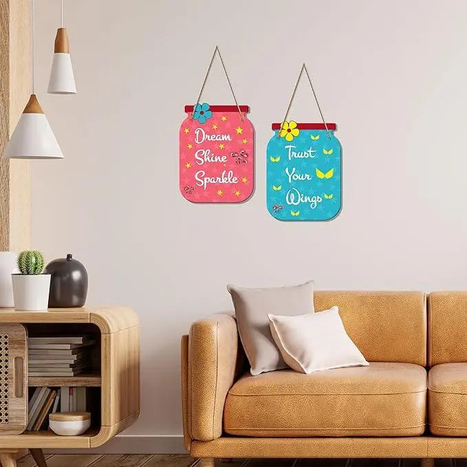 Dream Shine Sparkle Quote Decorative Art MDF Wooden Hanger for Living Room | Bedroom | Office | Gift | Wall Hanging For Home Decoration | Home Decor Items (WH_6804N), Set of 2 - Decor Mantra 