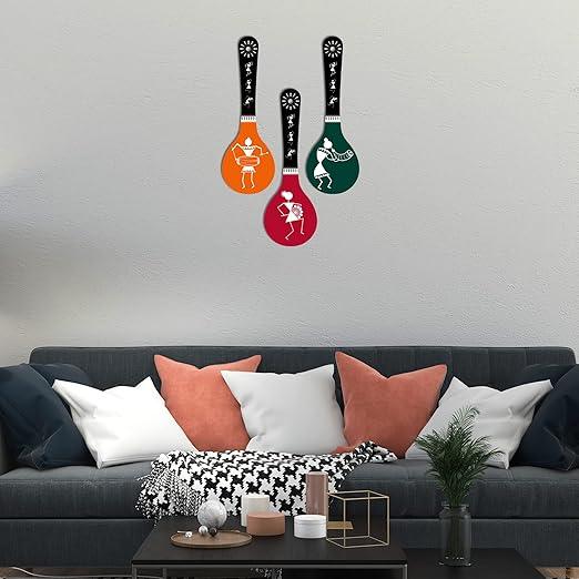 Warli Art Wooden Wall Hanger For Home | Office | Living Room | Gift | Modern Decoration Items | Kitchen Wall Decor | Home Decor Hanging Items (Wh 5007N), Set Of 3-33.02 Cm - Decor Mantra 