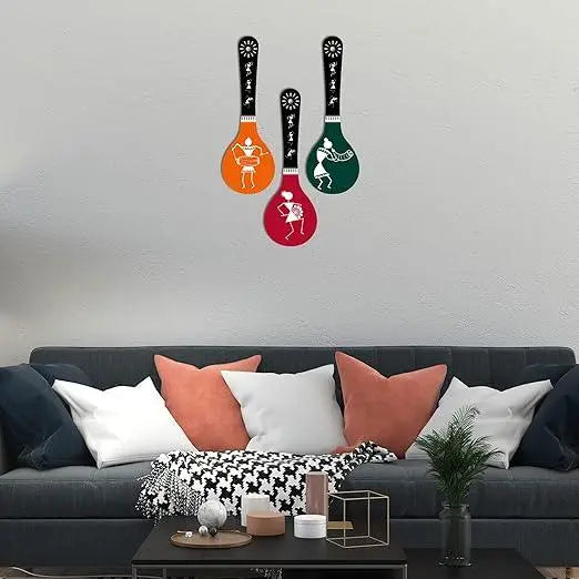 Warli Art Wooden Wall Hanger For Home | Office | Living Room | Gift | Modern Decoration Items | Kitchen Wall Decor | Home Decor Hanging Items (Wh 5007N), Set Of 3-33.02 Cm - Decor Mantra 