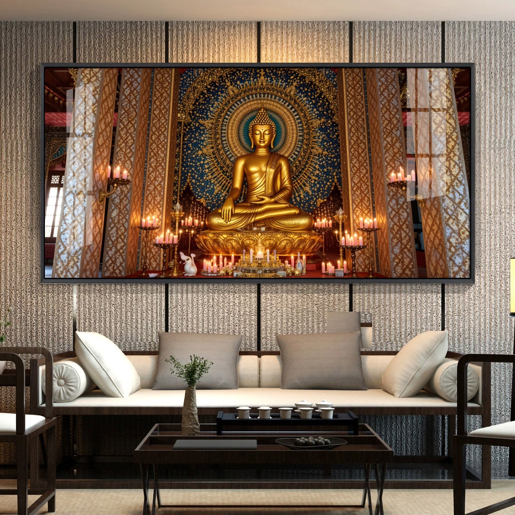 Buddha In Golden Incarnation Glass Finish Horizontal Wall Art