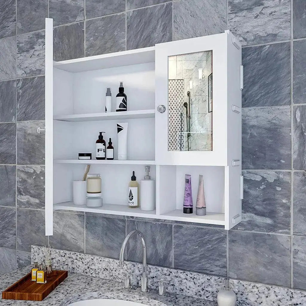 Sturdy Premium Wooden Bathroom Storage Cabinet with Mirrors & 5 Spacious Shelves with White Finish - Decor Mantra 