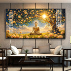 Buddha In Autum Nature Glass Finish Horizontal Wall Art
