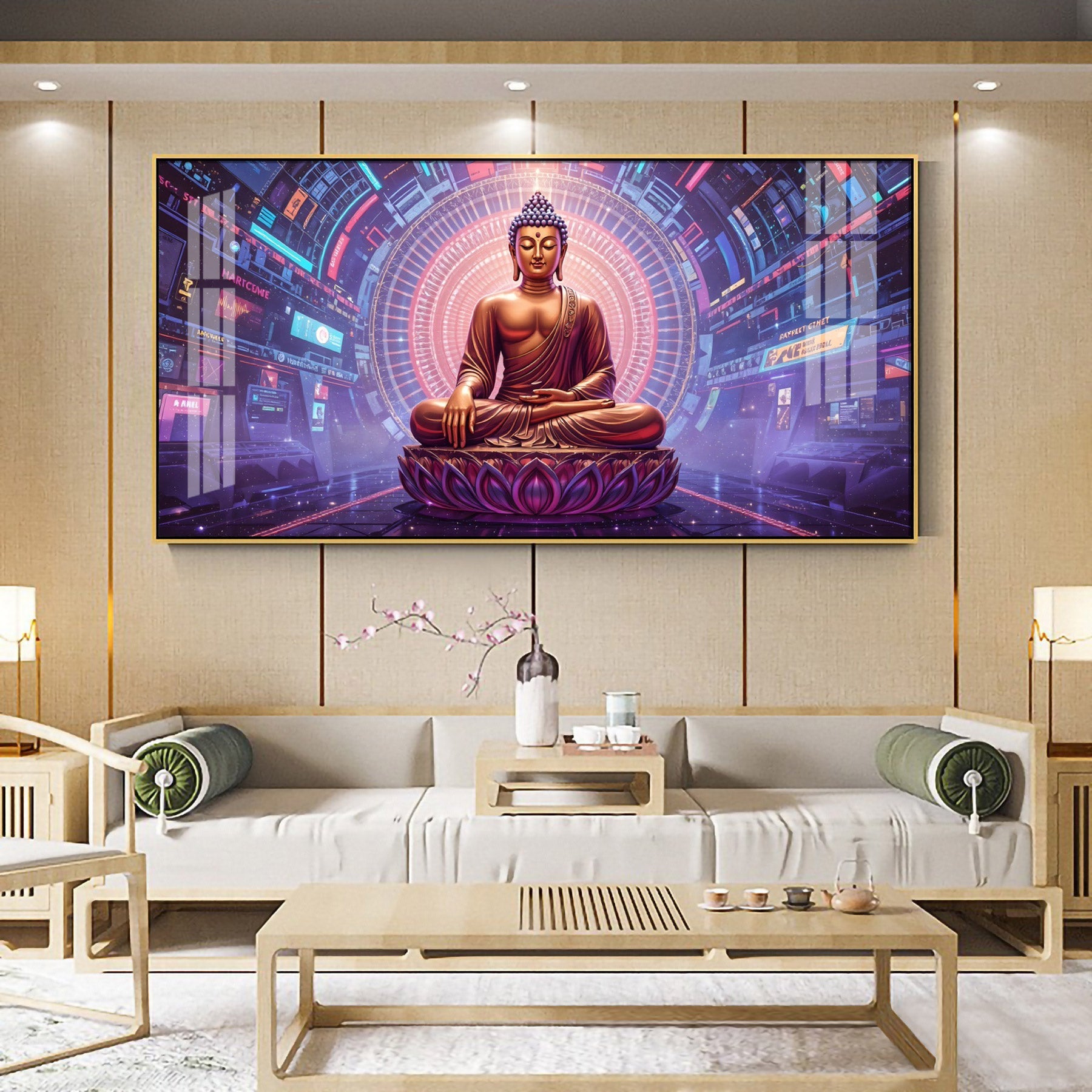 Abstract HCmony Of Buddha Glass Finish Horizontal Wall Art