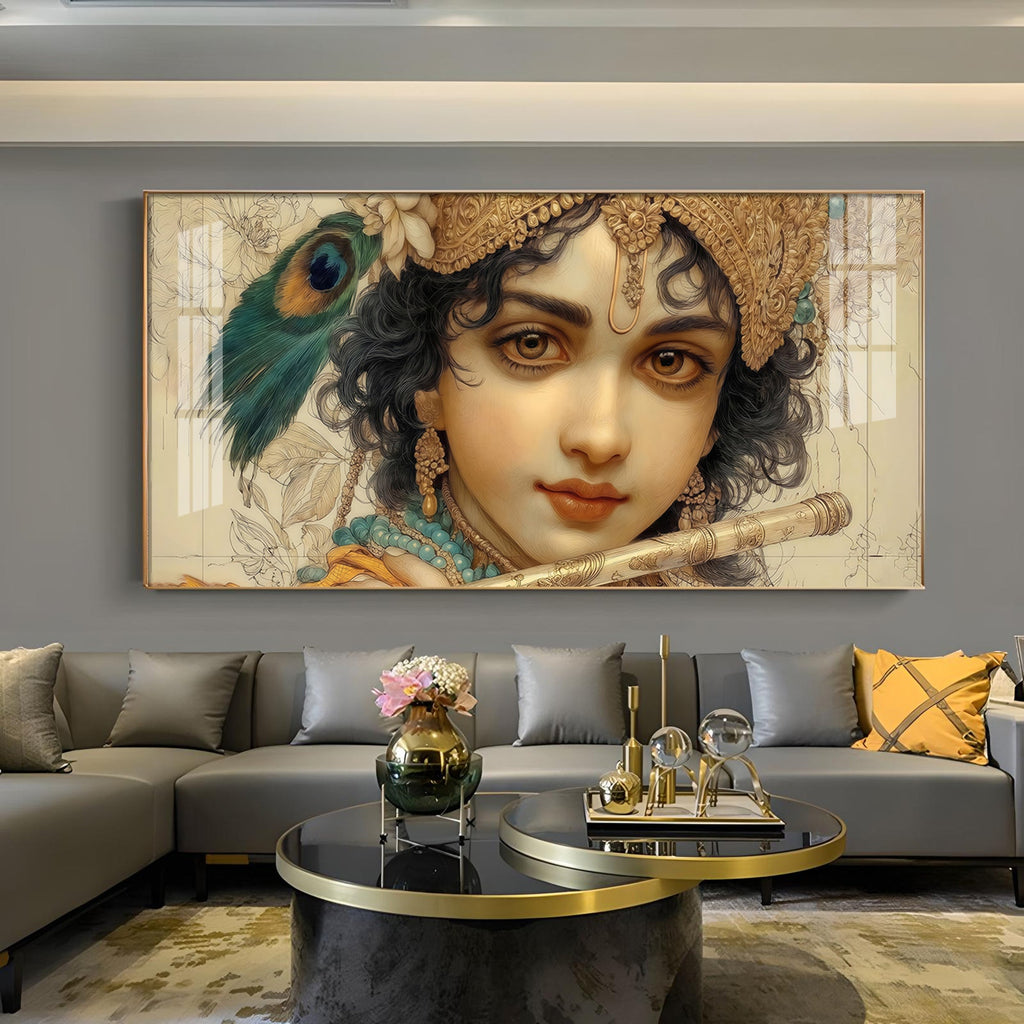 Shri Krishna Glass Finish Horizontal Wall Art