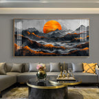 Sun Rise In Black Mountain Glass Finish Horizontal Wall Art