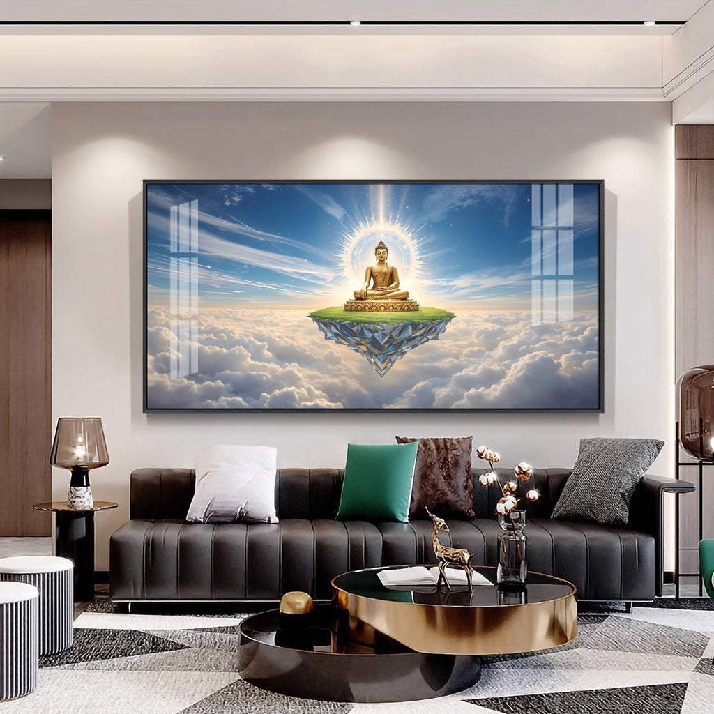 Majestic Buddha In Cloud Glass Finish Horizontal Wall Art