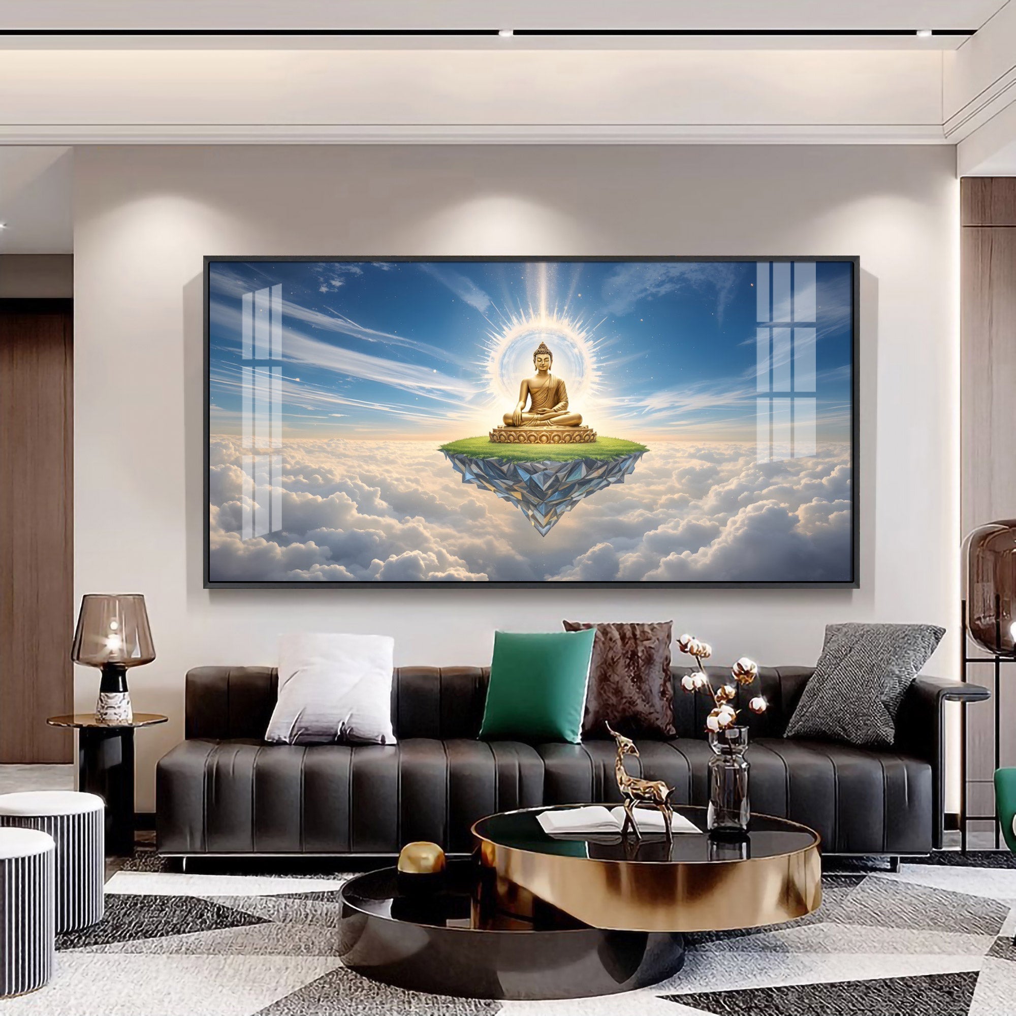 Majestic Buddha In Cloud Glass Finish Horizontal Wall Art