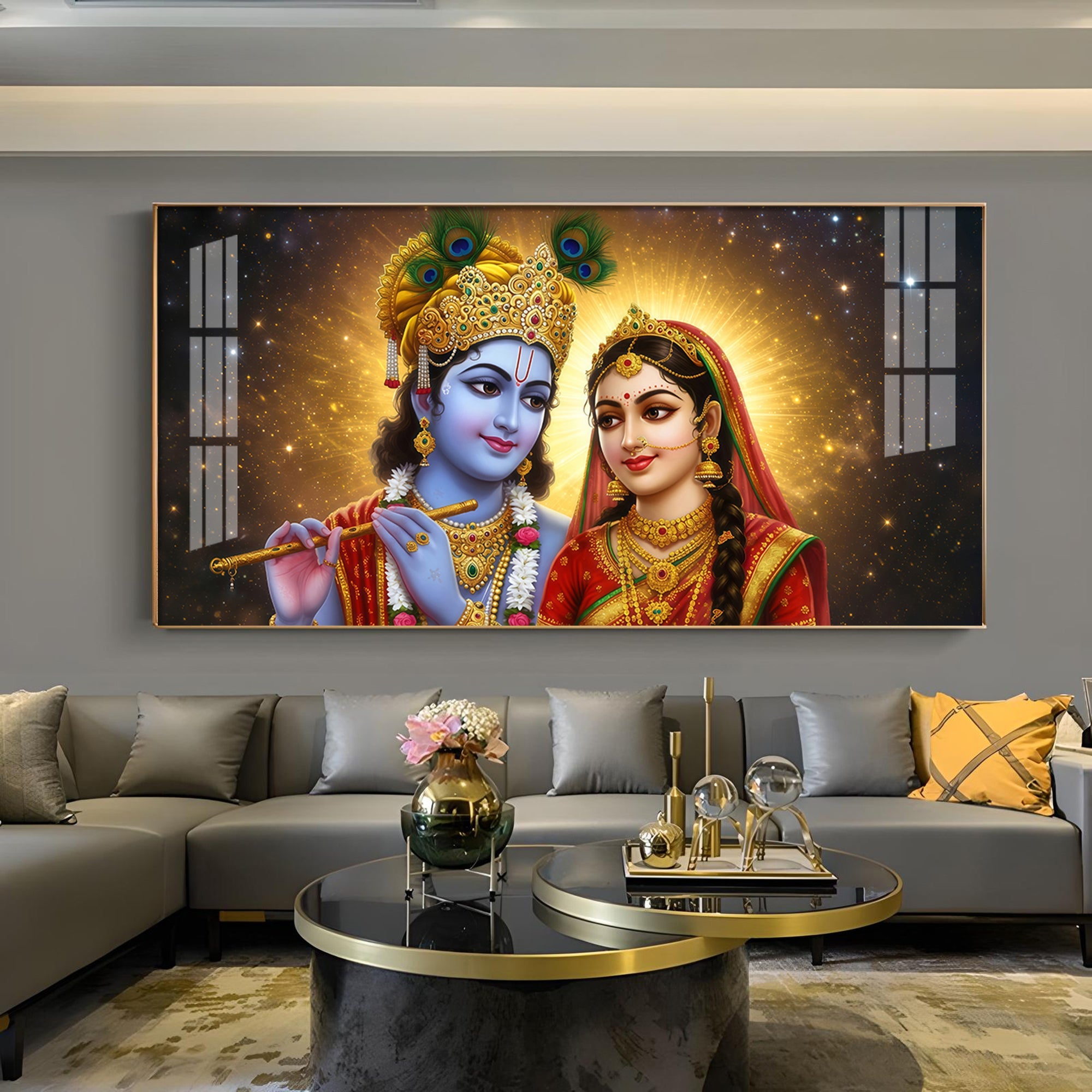 Sri Radhe Krishna Loving CHCm Glass Finish Horizontal Wall Art
